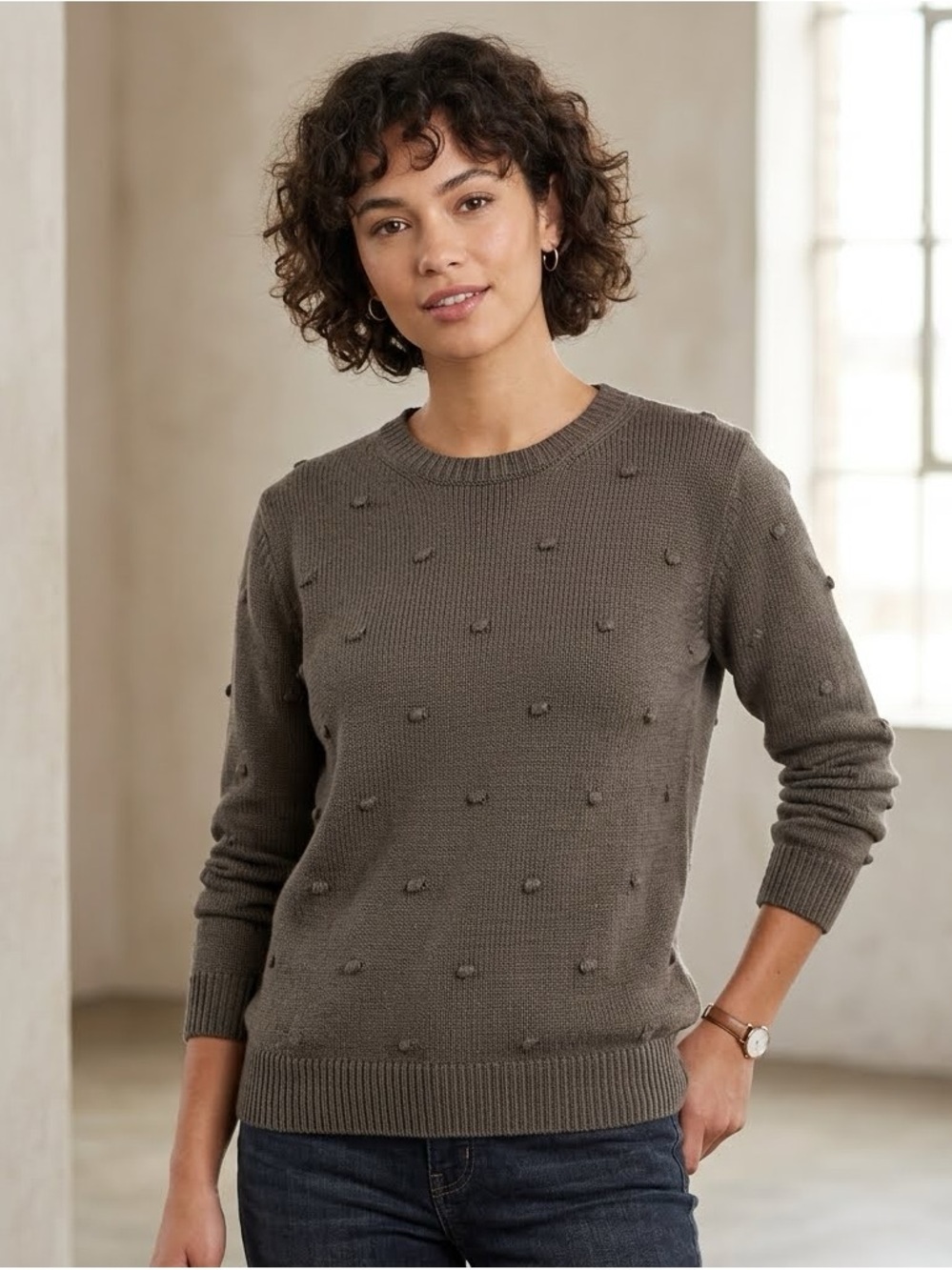 Dark Chocolate Women’s Crew Neck Brown Sweater Raise Pom Pom Size L Knit - Picture 2 of 7